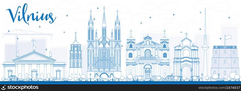 Outline Vilnius Skyline with Blue Landmarks. Vector Illustration. Business Travel and Tourism Concept with Historic Buildings. Image for Presentation Banner Placard and Web Site.