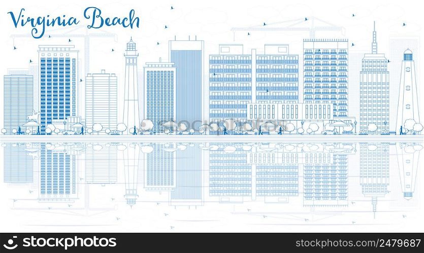 Outline Virginia Beach Skyline with Blue Buildings and Reflections. Vector Illustration. Business Travel and Tourism Concept with Copy Space. Image for Presentation, Banner, Placard and Web Site