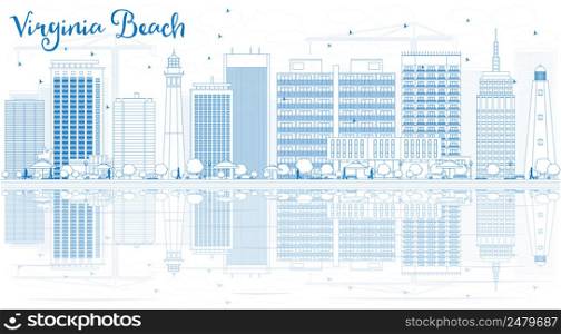 Outline Virginia Beach Skyline with Blue Buildings and Reflections. Vector Illustration. Business Travel and Tourism Concept with Copy Space. Image for Presentation, Banner, Placard and Web Site