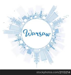 Outline Warsaw skyline with blue buildings and copy space. Vector illustration. Business travel and tourism concept with modern buildings. Image for presentation, banner, placard and web site.