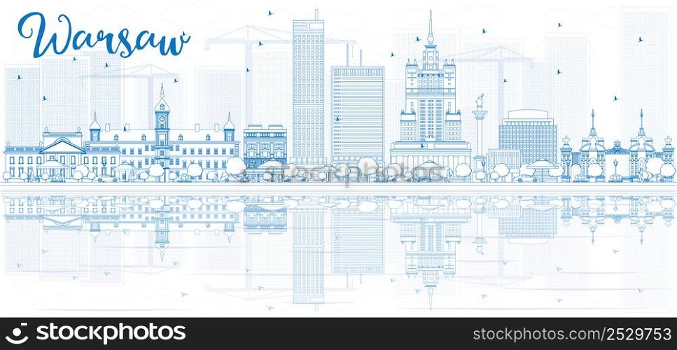 Outline Warsaw skyline with blue buildings and reflections. Vector illustration. Business travel and tourism concept with place for text. Image for presentation, banner, placard and web site.