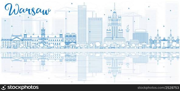 Outline Warsaw skyline with blue buildings and reflections. Vector illustration. Business travel and tourism concept with place for text. Image for presentation, banner, placard and web site.