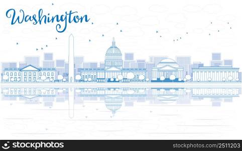 Outline Washington DC City Skyline with Blue Buildings and Reflections. Vector illustration. Business travel and tourism concept. Image for presentation, banner, placard and web site