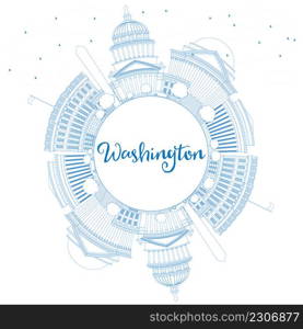 Outline Washington DC Skyline with Blue Buildings and Copy Space. Vector Illustration. Business Travel and Tourism Concept with Historic Architecture. Image for Presentation Banner Placard and Web Site.