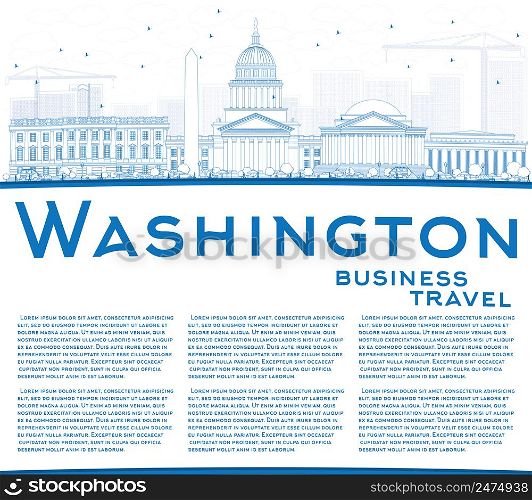 Outline Washington DC Skyline with Blue Buildings and Copy Space. Vector Illustration. Business Travel and Tourism Concept with Historic Buildings. Image for Presentation Banner Placard and Web Site.