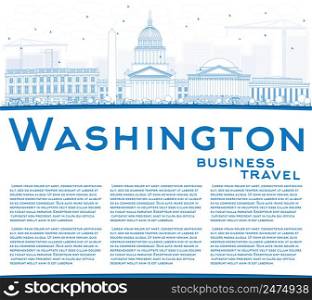 Outline Washington DC Skyline with Blue Buildings and Copy Space. Vector Illustration. Business Travel and Tourism Concept with Historic Buildings. Image for Presentation Banner Placard and Web Site.