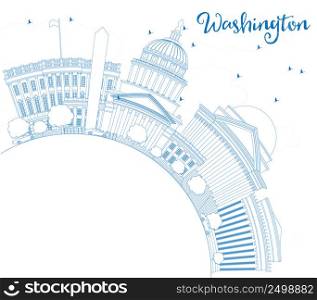 Outline Washington DC Skyline with Blue Buildings and Copy Space. Vector Illustration. Business Travel and Tourism Concept with Historic Architecture. Image for Presentation Banner Placard and Web Site.