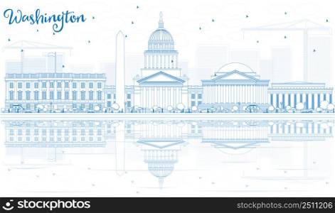Outline Washington DC Skyline with Blue Buildings and Reflections. Vector Illustration. Business Travel and Tourism Concept with Historic Architecture. Image for Presentation Banner Placard and Web Site.