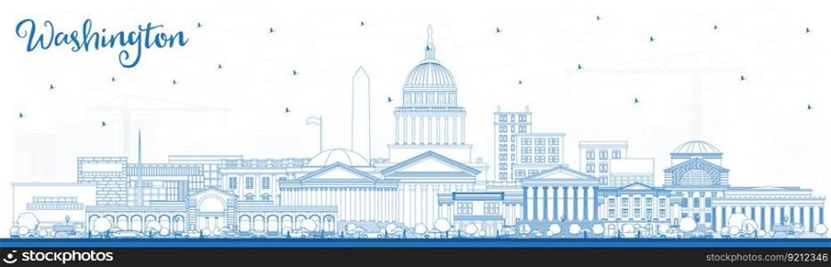 Outline Washington DC USA City Skyline with Blue Buildings. Vector Illustration. Business Travel and Tourism Concept with Historic Buildings. Washington DC Cityscape with Landmarks.
