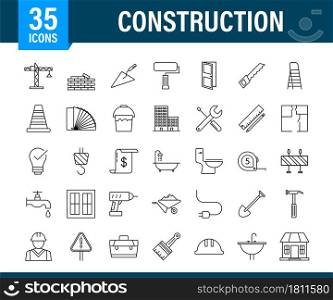 Outline web icons set. Construction and home repair tools, building. Work safety. Vector stock illustration. Outline web icons set. Construction and home repair tools, building. Work safety. Vector stock illustration.