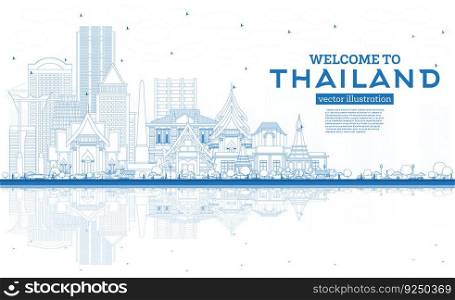 Outline Welcome to Thailand City Skyline with Blue Buildings and Reflections. Vector Illustration. Tourism Concept with Historic Architecture. Thailand Cityscape with Landmarks.