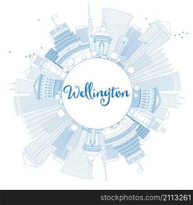 Outline Wellington skyline with blue buildings and copy space. Vector illustration. Business travel and tourism concept with place for text. Image for presentation, banner, placard and web site.