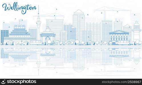 Outline Wellington skyline with blue buildings and reflections. Vector illustration. Business travel and tourism concept with place for text. Image for presentation, banner, placard and web site.