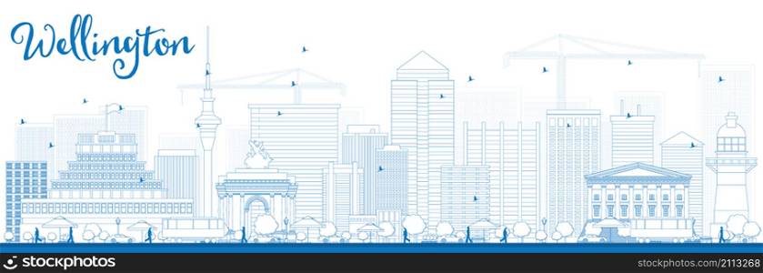 Outline Wellington skyline with blue buildings. Vector illustration. Business travel and tourism concept with modern buildings. Image for presentation, banner, placard and web site.