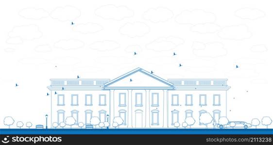 Outline White House Washington DC with Silhouette of man and car Vector Illustration