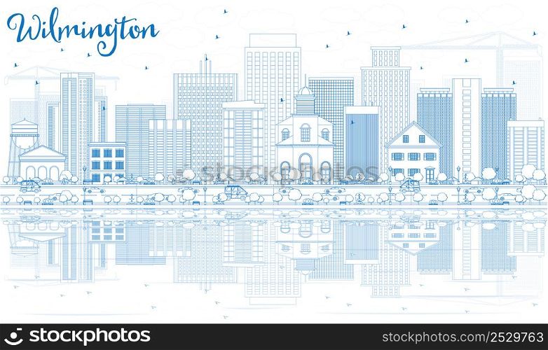 Outline Wilmington Skyline with Blue Buildings and Reflections. Vector Illustration. Business Travel and Tourism Concept with Modern Buildings. Image for Presentation Banner Placard and Web Site.