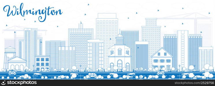 Outline Wilmington Skyline with Blue Buildings. Vector Illustration. Business Travel and Tourism Concept with Modern Buildings. Image for Presentation Banner Placard and Web Site.