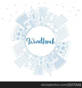 Outline Windhoek Skyline with Blue Buildings and Copy Space. Vector Illustration. Business Travel and Tourism Concept with Modern Architecture. Image for Presentation Banner Placard and Web Site.