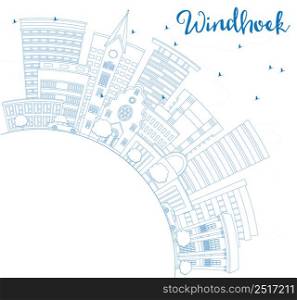 Outline Windhoek Skyline with Blue Buildings and Copy Space. Vector Illustration. Business Travel and Tourism Concept with Modern Architecture. Image for Presentation Banner Placard and Web Site.