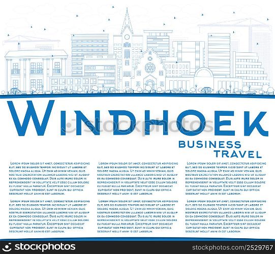 Outline Windhoek Skyline with Blue Buildings and Copy Space. Vector Illustration. Business Travel and Tourism Concept with Modern Buildings. Image for Presentation Banner Placard and Web Site.