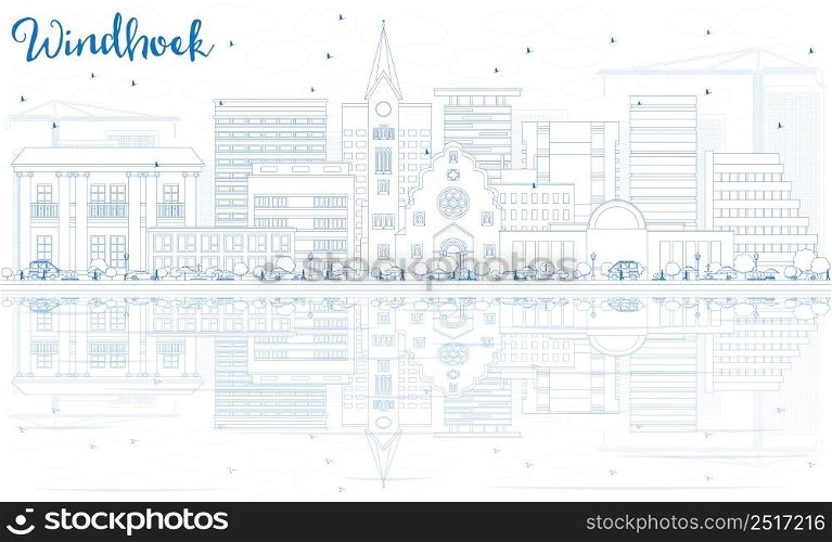 Outline Windhoek Skyline with Blue Buildings and Reflections. Vector Illustration. Business Travel and Tourism Concept with Modern Architecture. Image for Presentation Banner Placard and Web Site.