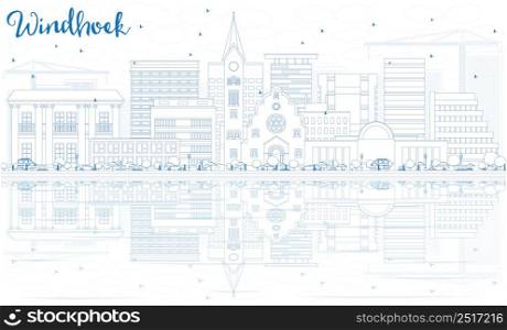 Outline Windhoek Skyline with Blue Buildings and Reflections. Vector Illustration. Business Travel and Tourism Concept with Modern Architecture. Image for Presentation Banner Placard and Web Site.