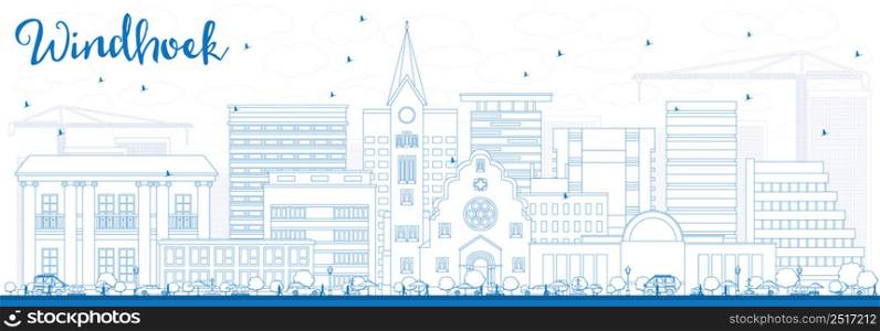 Outline Windhoek Skyline with Blue Buildings. Vector Illustration. Business Travel and Tourism Concept with Modern Buildings. Image for Presentation Banner Placard and Web Site.