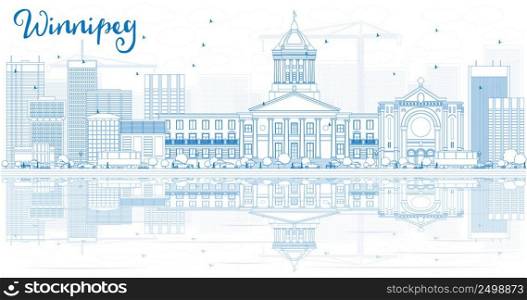 Outline Winnipeg Skyline with Blue Buildings and Reflections. Vector Illustration. Business Travel and Tourism Concept with Modern Buildings. Image for Presentation Banner Placard and Web Site.