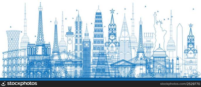 Outline world famous landmarks. Vector illustration. Business travel and tourism concept. Image for presentation, banner, placard and web site