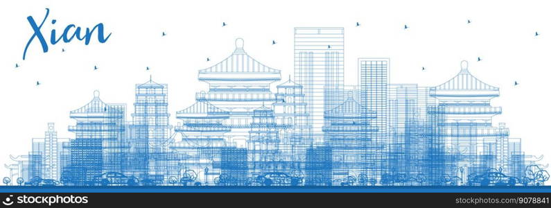 Outline Xian City Skyline with Blue Buildings. Vector Illustration. Business Travel and Tourism Concept with Historic Architecture. Xian China Cityscape with Landmarks.