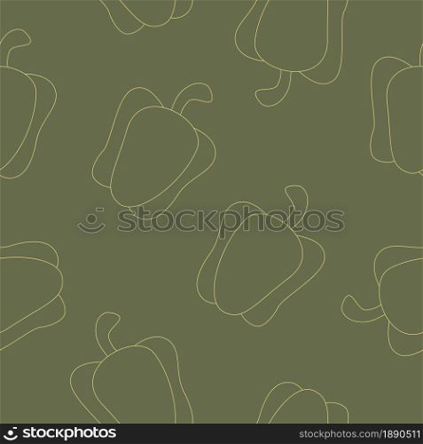 Outline yellow sweet pepper vegetables on green background seamless pattern. Vector illustration.