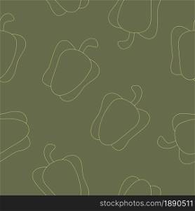 Outline yellow sweet pepper vegetables on green background seamless pattern. Vector illustration.