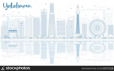 Outline Yokohama Skyline with Blue Buildings and Reflections. Vector Illustration. Business and Tourism Concept with Modern Buildings. Image for Presentation, Banner, Placard or Web Site.