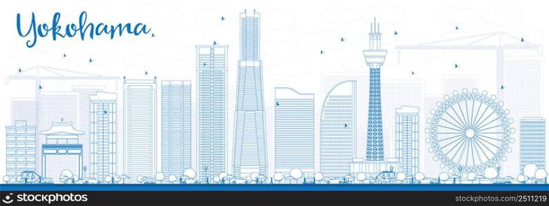 Outline Yokohama Skyline with Blue Buildings. Vector Illustration. Business and Tourism Concept with Modern Buildings. Image for Presentation, Banner, Placard or Web Site.