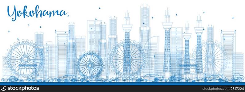 Outline Yokohama Skyline with Blue Buildings. Vector Illustration. Business and Tourism Concept with Modern Buildings. Image for Presentation, Banner, Placard or Web Site.