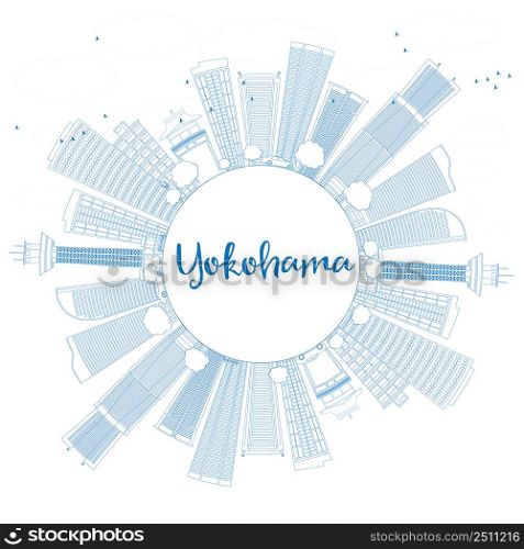 Outline Yokohama with Blue Buildings and Copy Space. Vector Illustration. Business and Tourism Concept with Modern Buildings. Image for Presentation, Banner, Placard or Web Site.