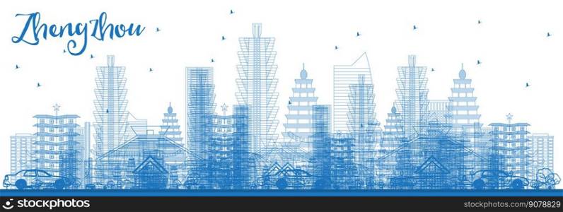 Outline Zhengzhou China Skyline with Blue Buildings. Vector Illustration. Business Travel and Tourism Concept with Modern Architecture. Zhengzhou Cityscape with Landmarks.
