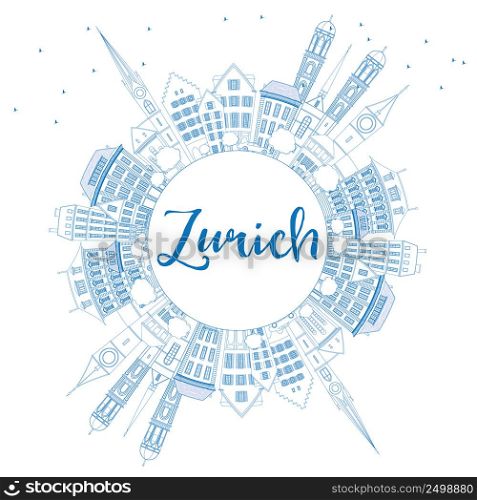 Outline Zurich Skyline with Blue Buildings and Copy Space. Vector Illustration. Business Travel and Tourism Concept with Zurich Historic Buildings. Image for Presentation Banner Placard and Web.