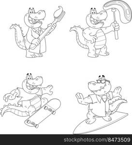 Outlined Alligator Or Crocodile Cartoon Character Different Poses. Vector Hand Drawn Collection Set Isolated On White Background