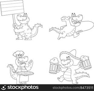 Outlined Alligator Or Crocodile Cartoon Character Different Poses. Vector Hand Drawn Collection Set Isolated On White Background