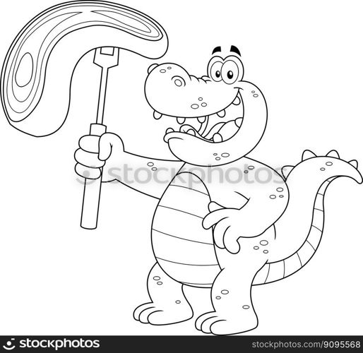 Outlined Alligator Or Crocodile Cartoon Mascot Character Holding A Raw Steak On BBQ Fork. Vector Hand Drawn Illustration Isolated On Transparent Background