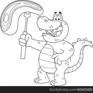 Outlined Alligator Or Crocodile Cartoon Mascot Character Holding A Raw Steak On BBQ Fork. Vector Hand Drawn Illustration Isolated On Transparent Background