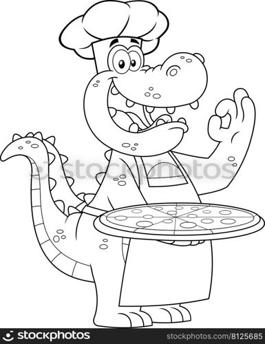 Outlined Alligator Or Crocodile Chef Cartoon Character Holding A Pizza And Gesturing Ok. Vector Hand Drawn Illustration Isolated On White Background