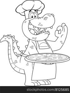 Outlined Alligator Or Crocodile Chef Cartoon Character Holding A Pizza And Gesturing Ok. Vector Hand Drawn Illustration Isolated On White Background