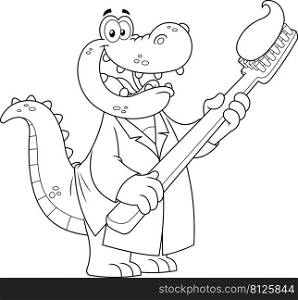 Outlined Alligator Or Crocodile Doctor Cartoon Character Holding A Toothbrush With Paste. Vector Hand Drawn Illustration Isolated On White Background