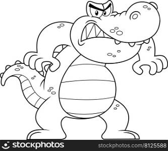 Outlined Angry Alligator Or Crocodile Cartoon Character. Vector Hand Drawn Illustration Isolated On White Background