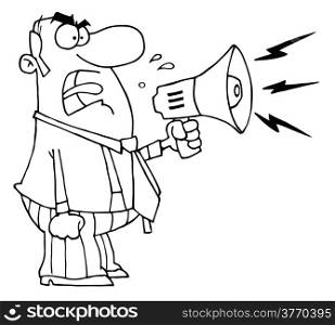 Outlined Angry Boss Man Screaming Into Megaphone