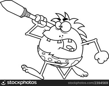 Outlined Angry Caveman Cartoon Character Running With A Spear. Vector Hand Drawn Illustration Isolated On White Background