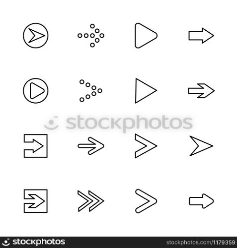 Outlined arrow collection, pointed to right direction. Editable stroke vector, isolated at white background