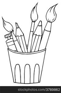 Outlined Artist Pot With Pencils And Paintbrushes